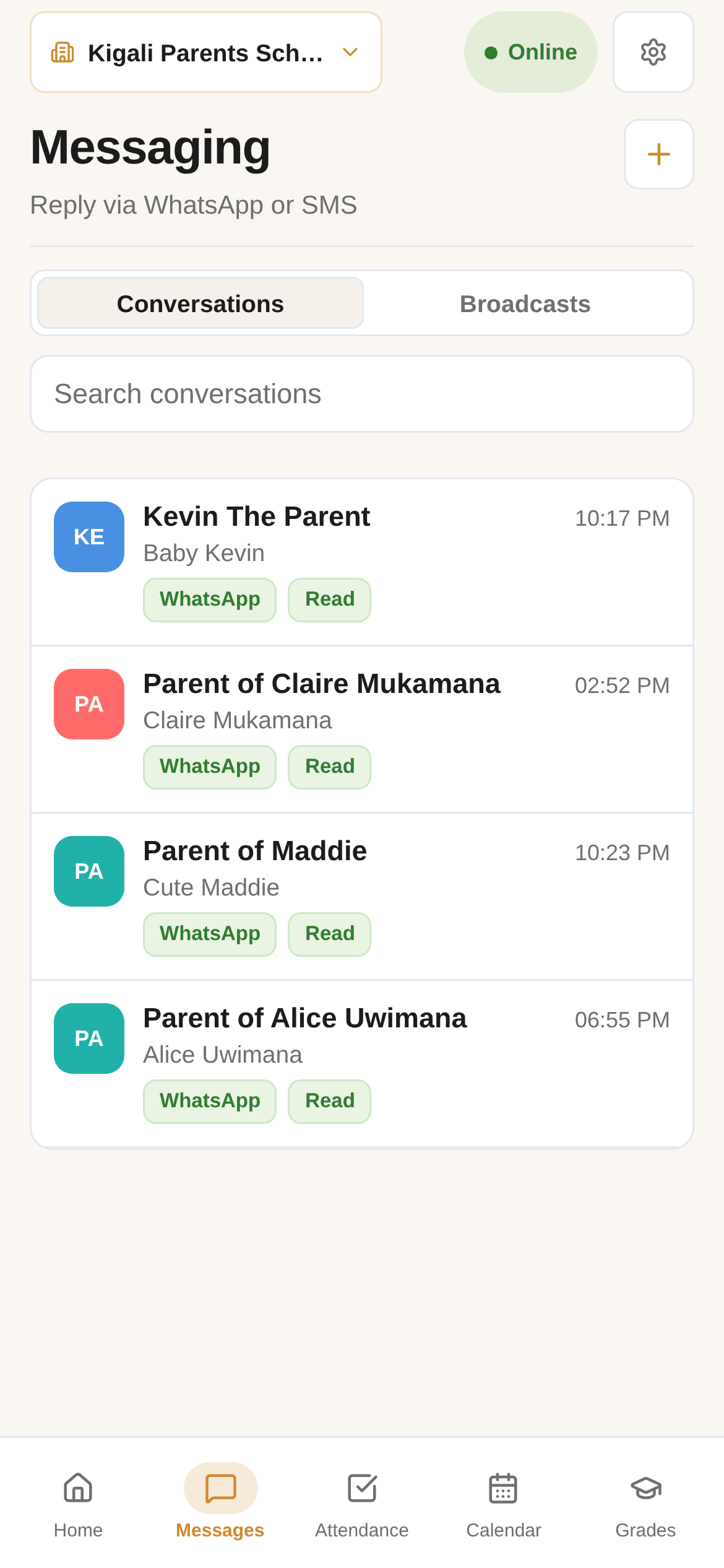 Isano mobile app conversations list