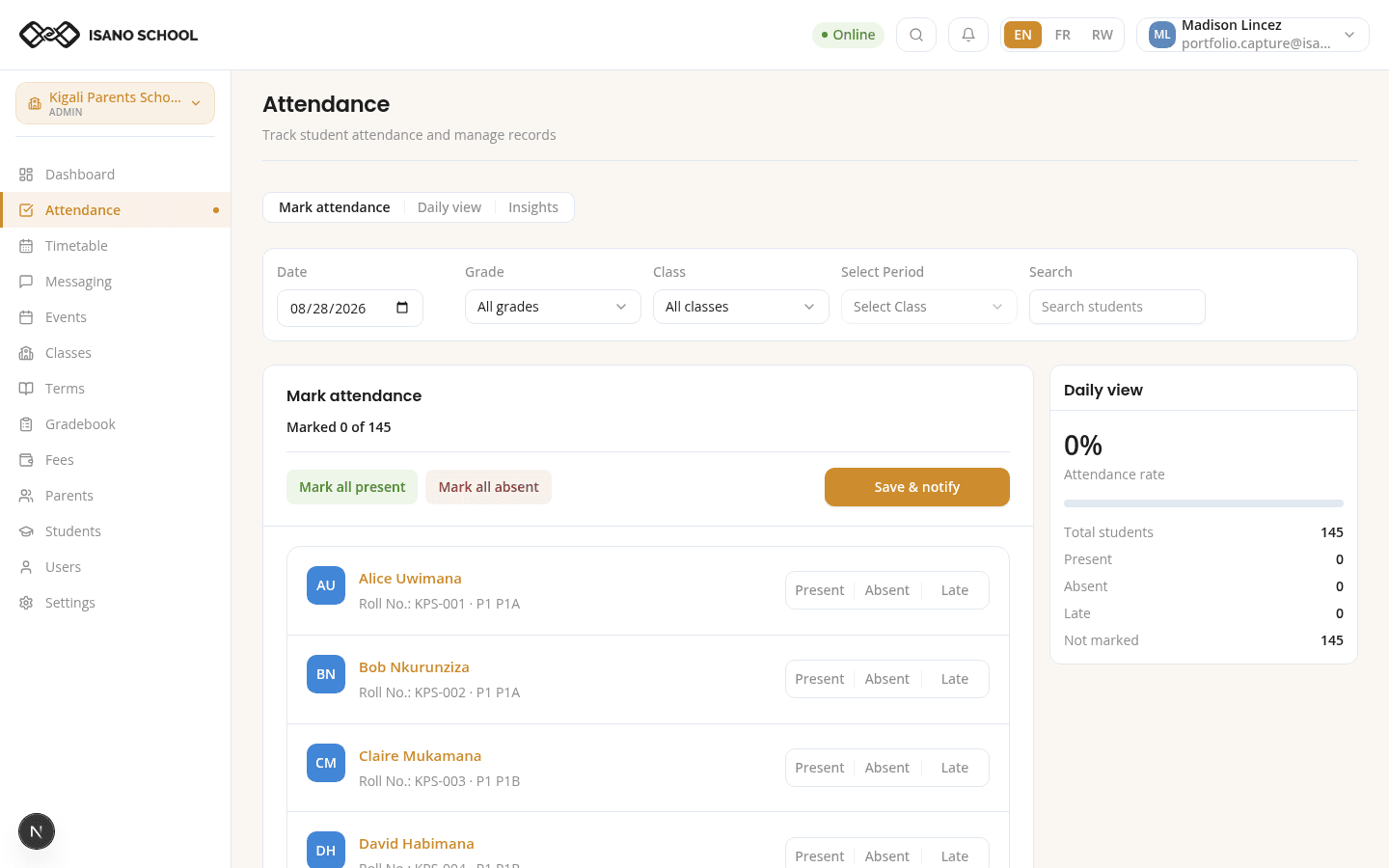 Isano attendance page for Primary 1A