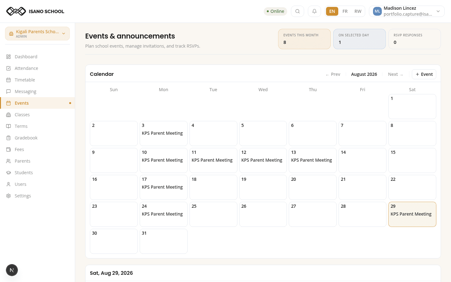 Isano events page with RSVPs