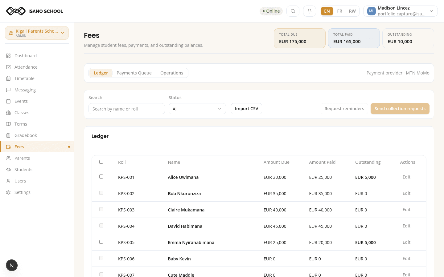 Isano fees page with collection summary