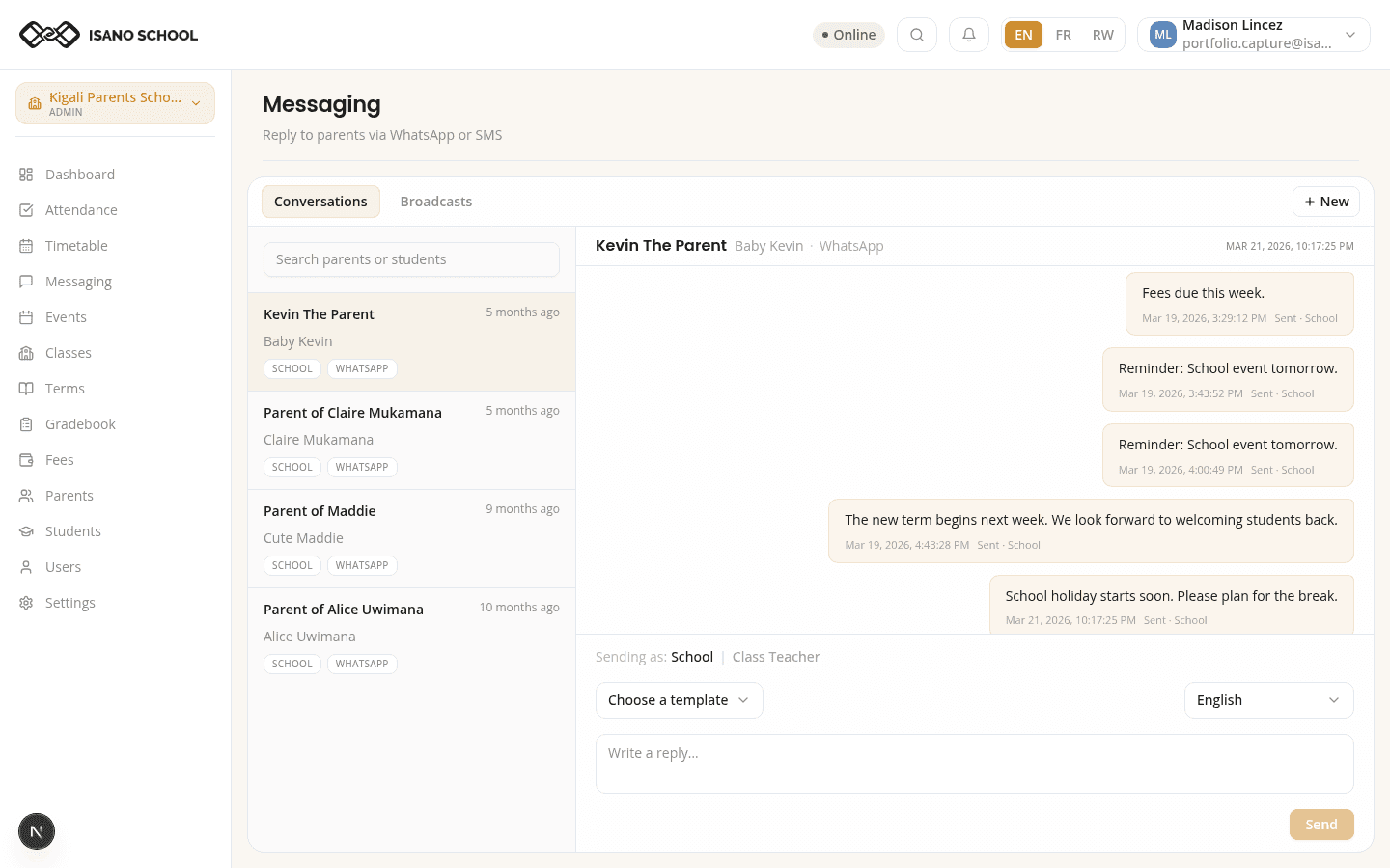 Isano messaging conversation with a parent