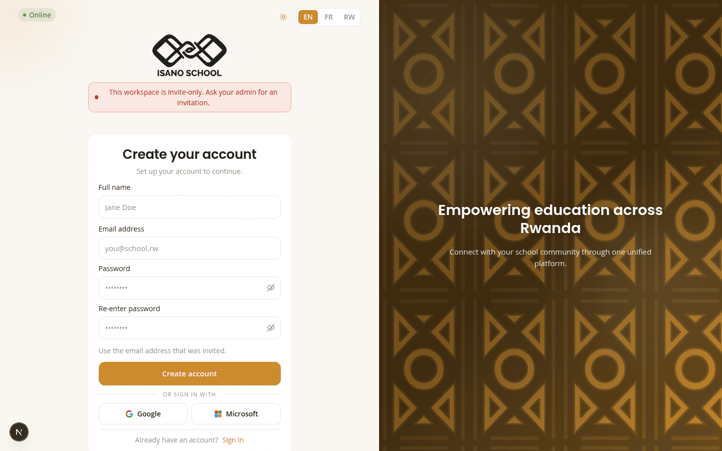 Isano School sign up page