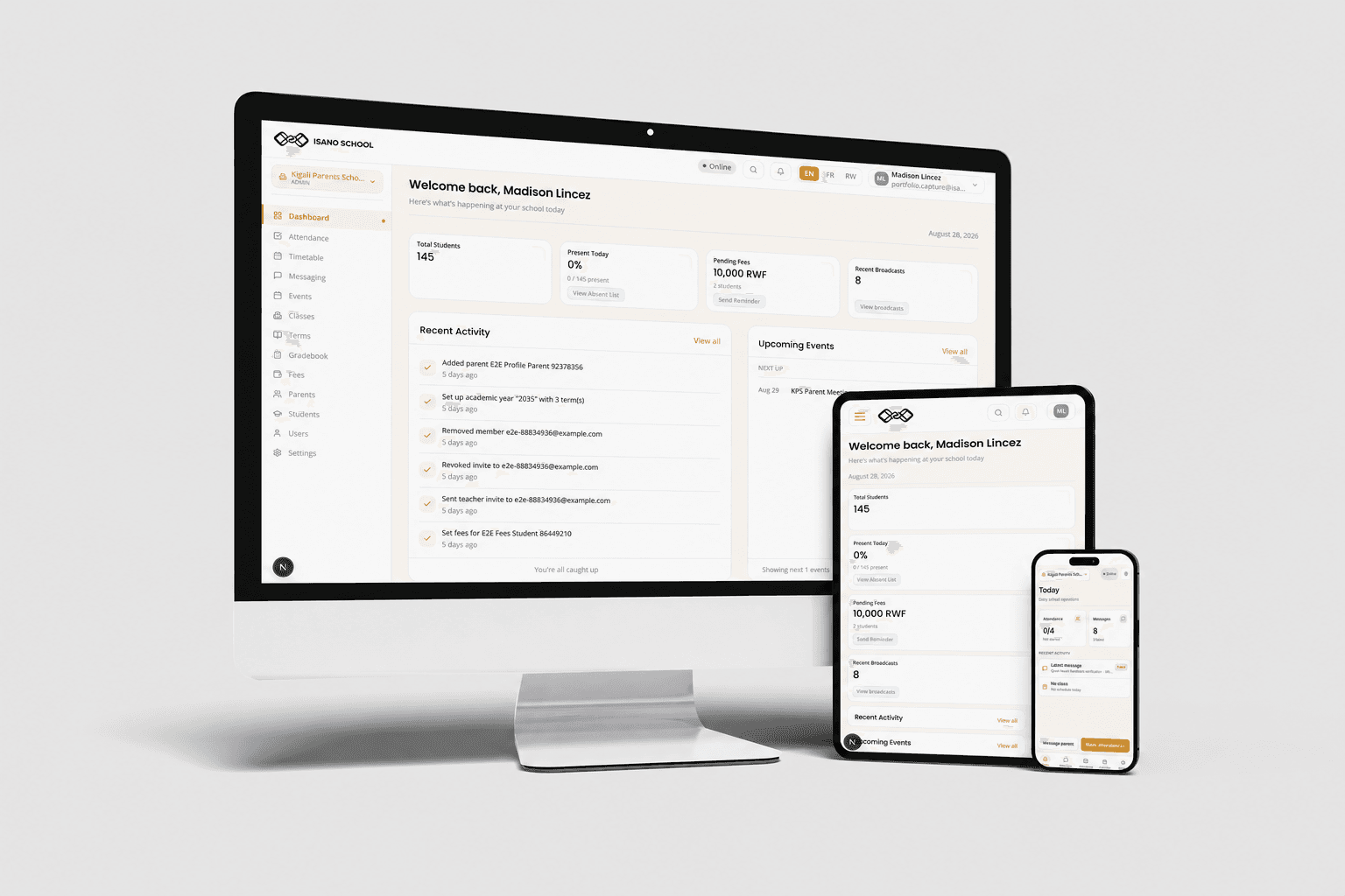 Isano School interface displayed across desktop, tablet, and phone