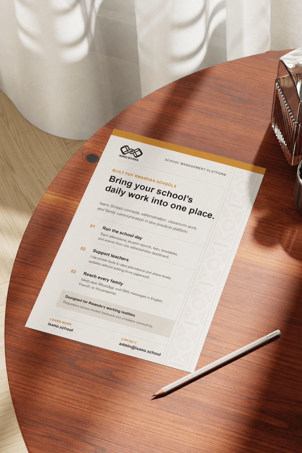 Printed Isano School informational flyer for school leaders