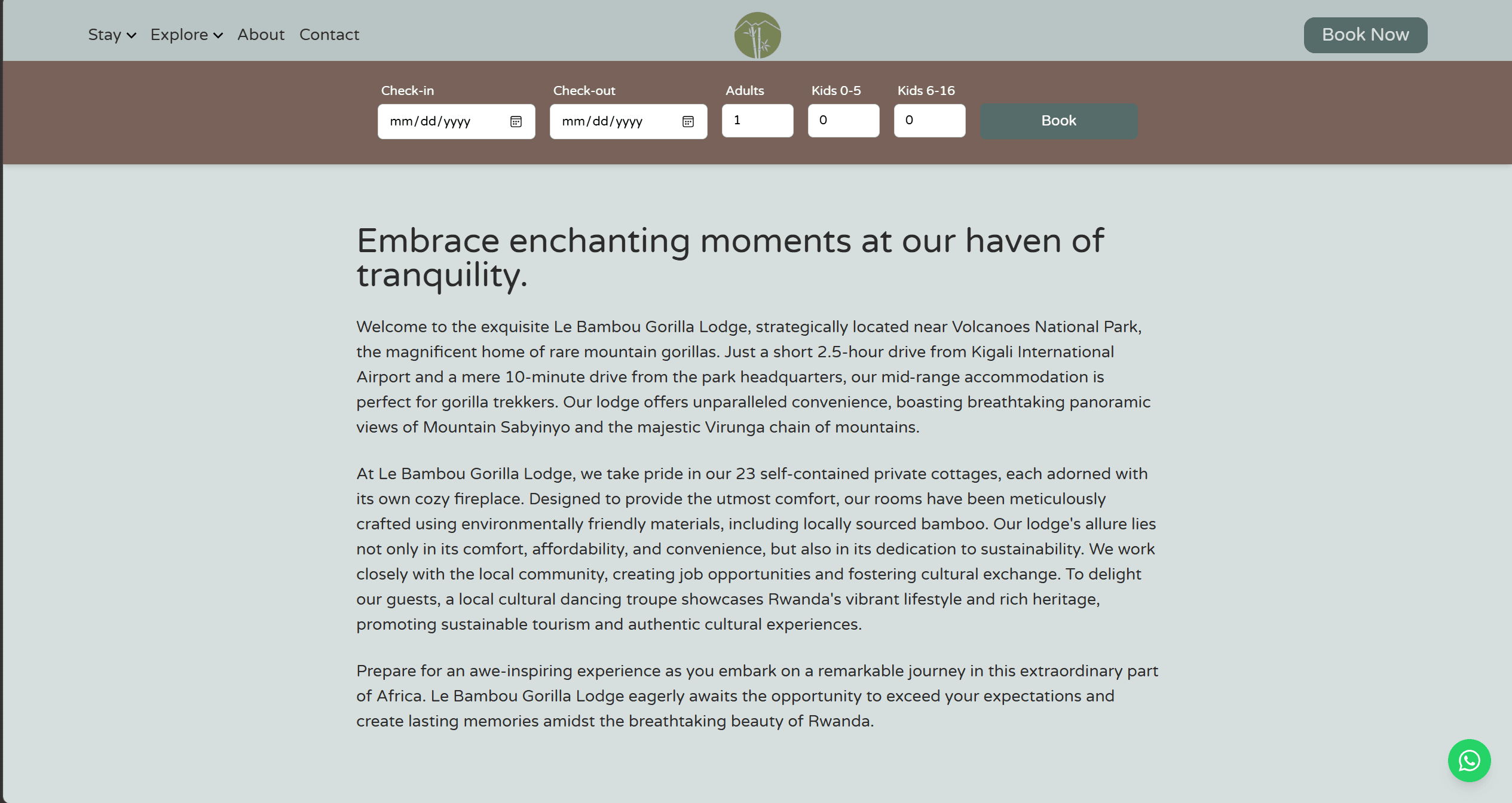 Le Bambou homepage intro copy with booking bar