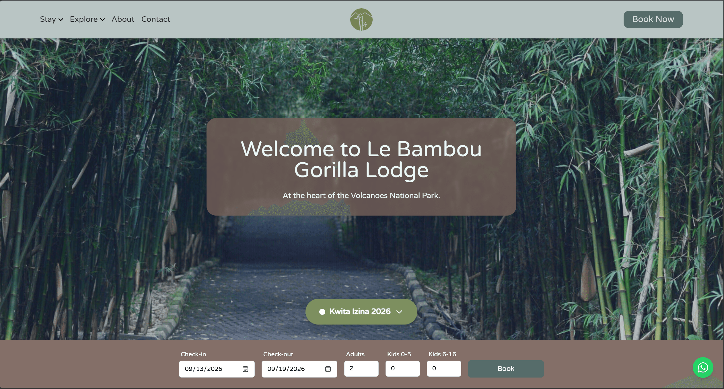 Le Bambou homepage hero with welcome overlay and booking bar