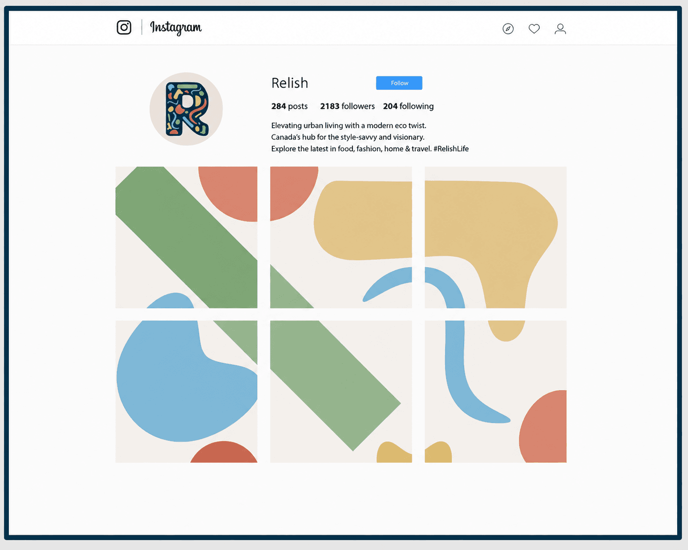 Relish Instagram profile mockup with a six-tile grid of signature shapes