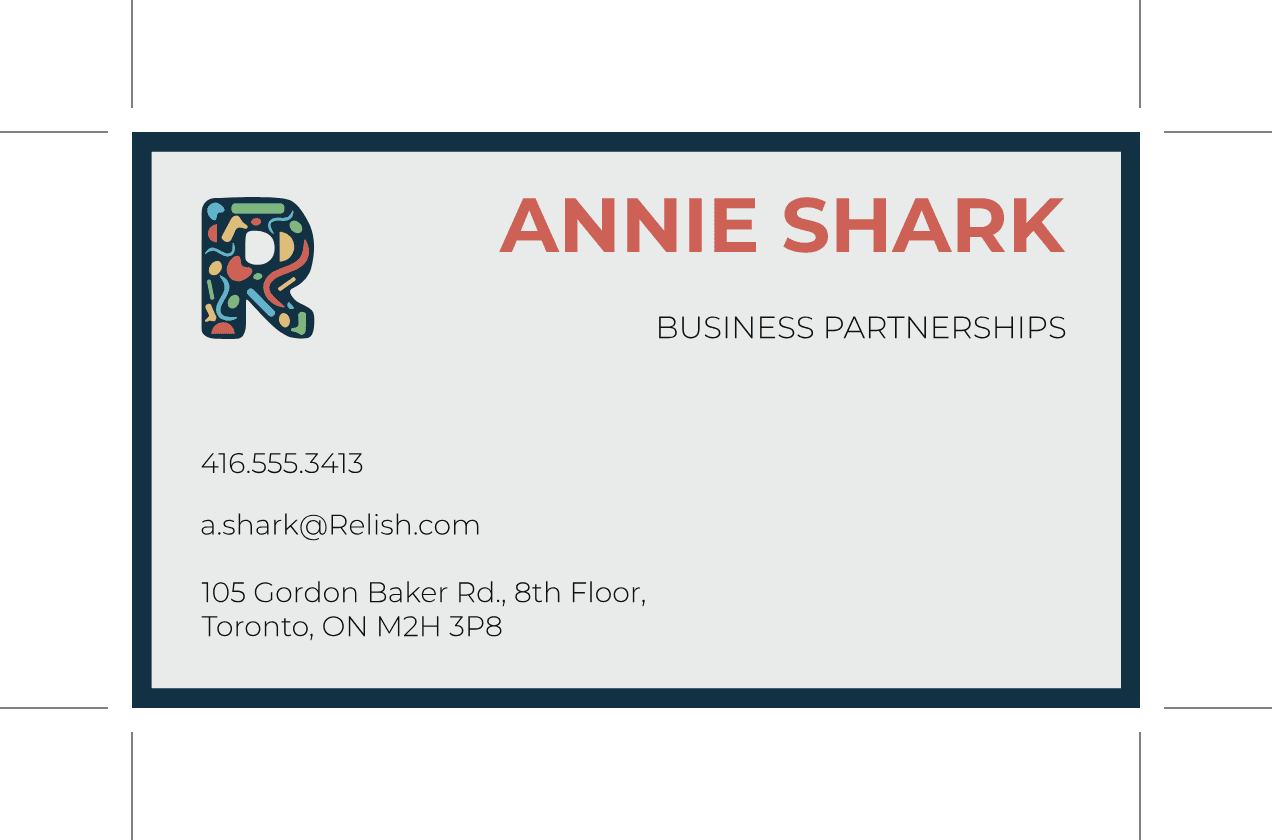 Relish business card, back
