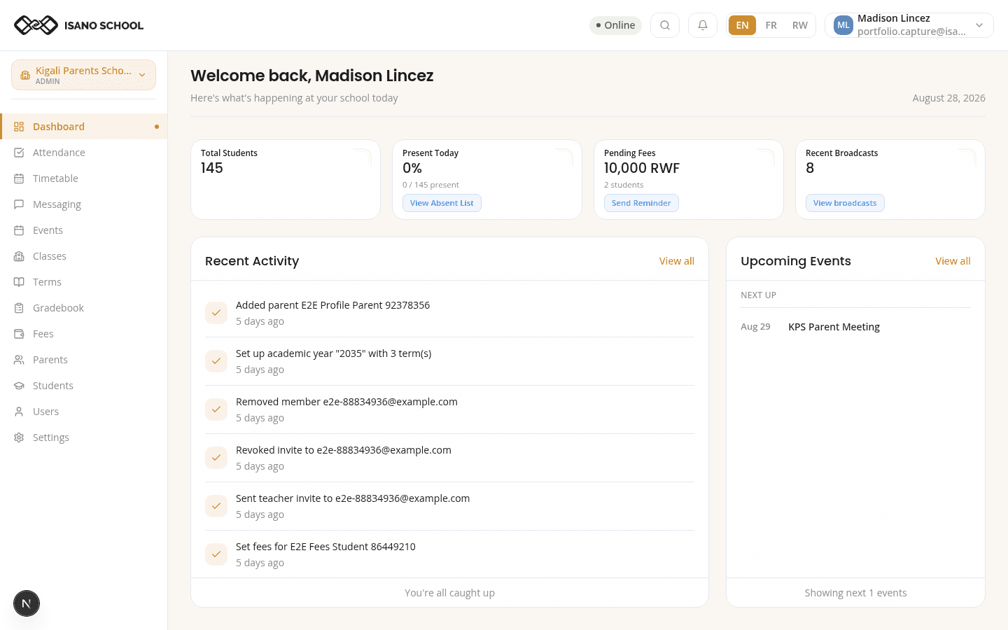 Isano School dashboard on desktop