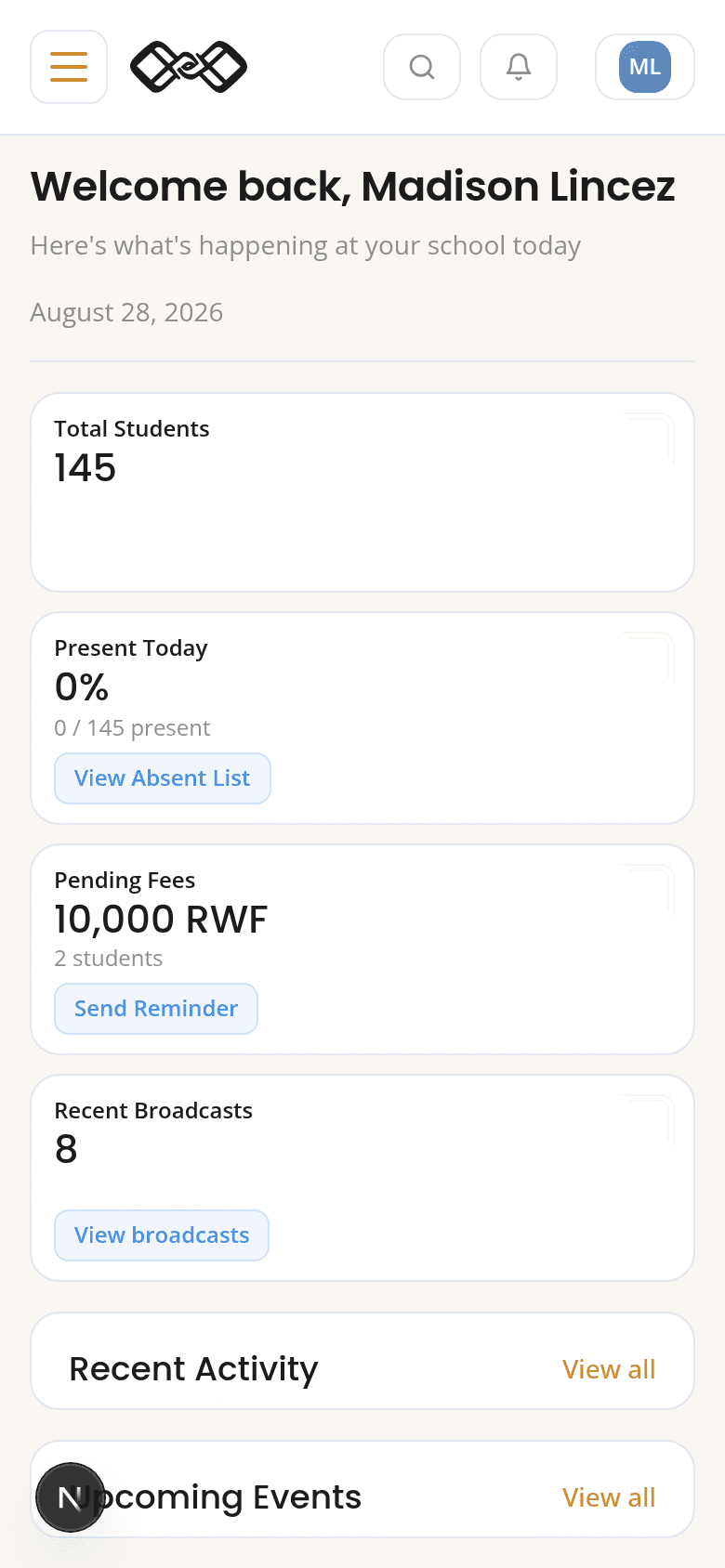 Isano School dashboard reflowed on mobile web