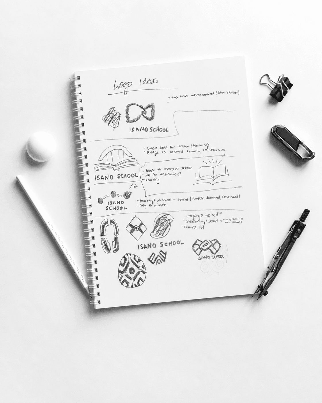Isano School logo ideation sketches arranged on a notebook